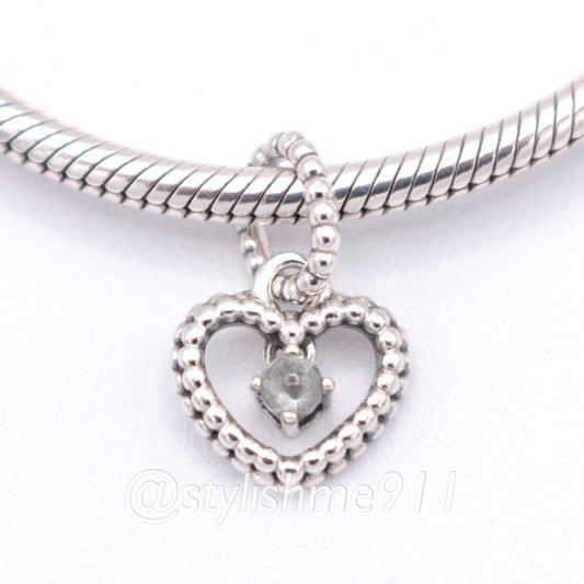 Authentic PANDORA April Milky White Beaded Heart Dangle - 798854C04