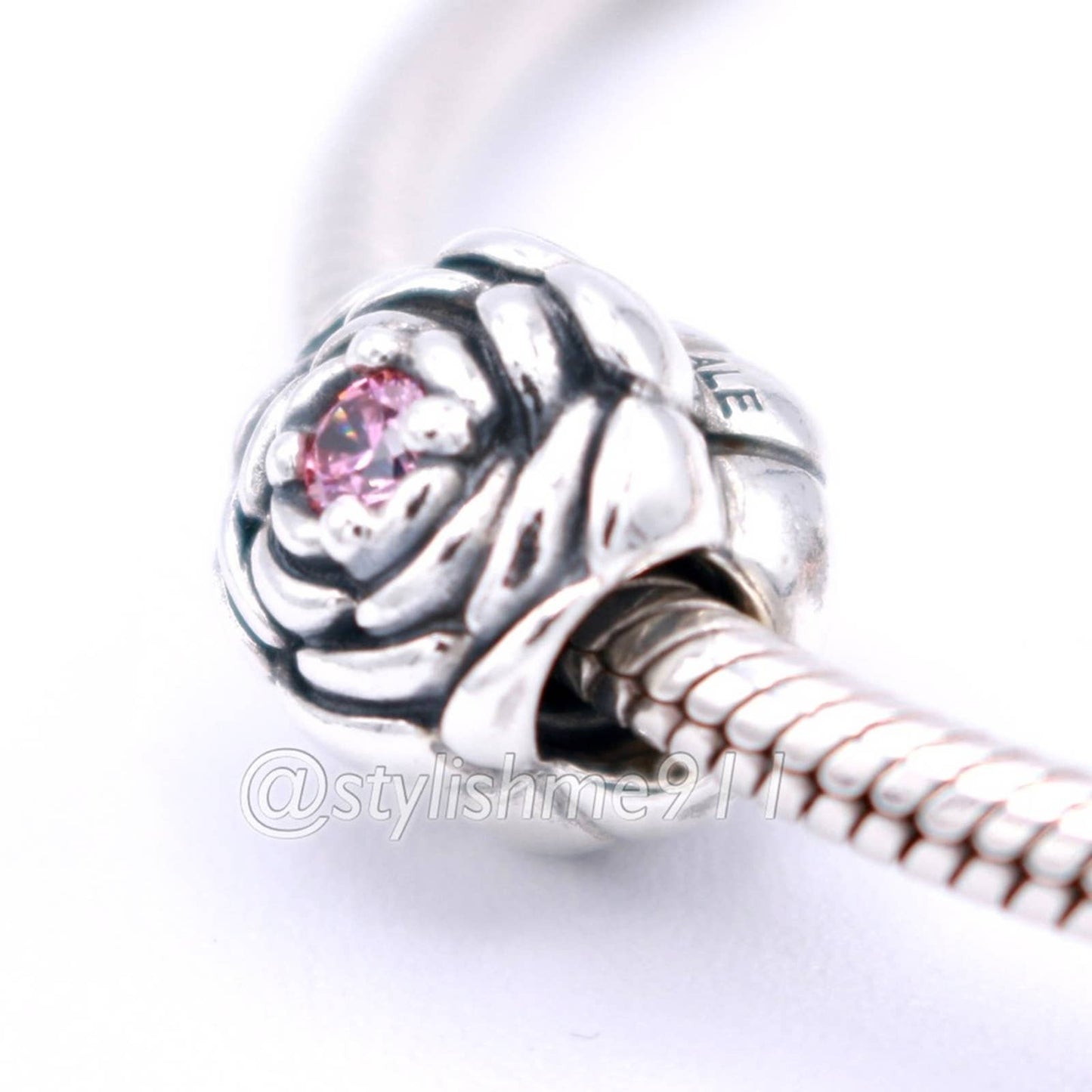 Authentic Pandora Blooming Rose Charm with Salmon Pink Zirconia