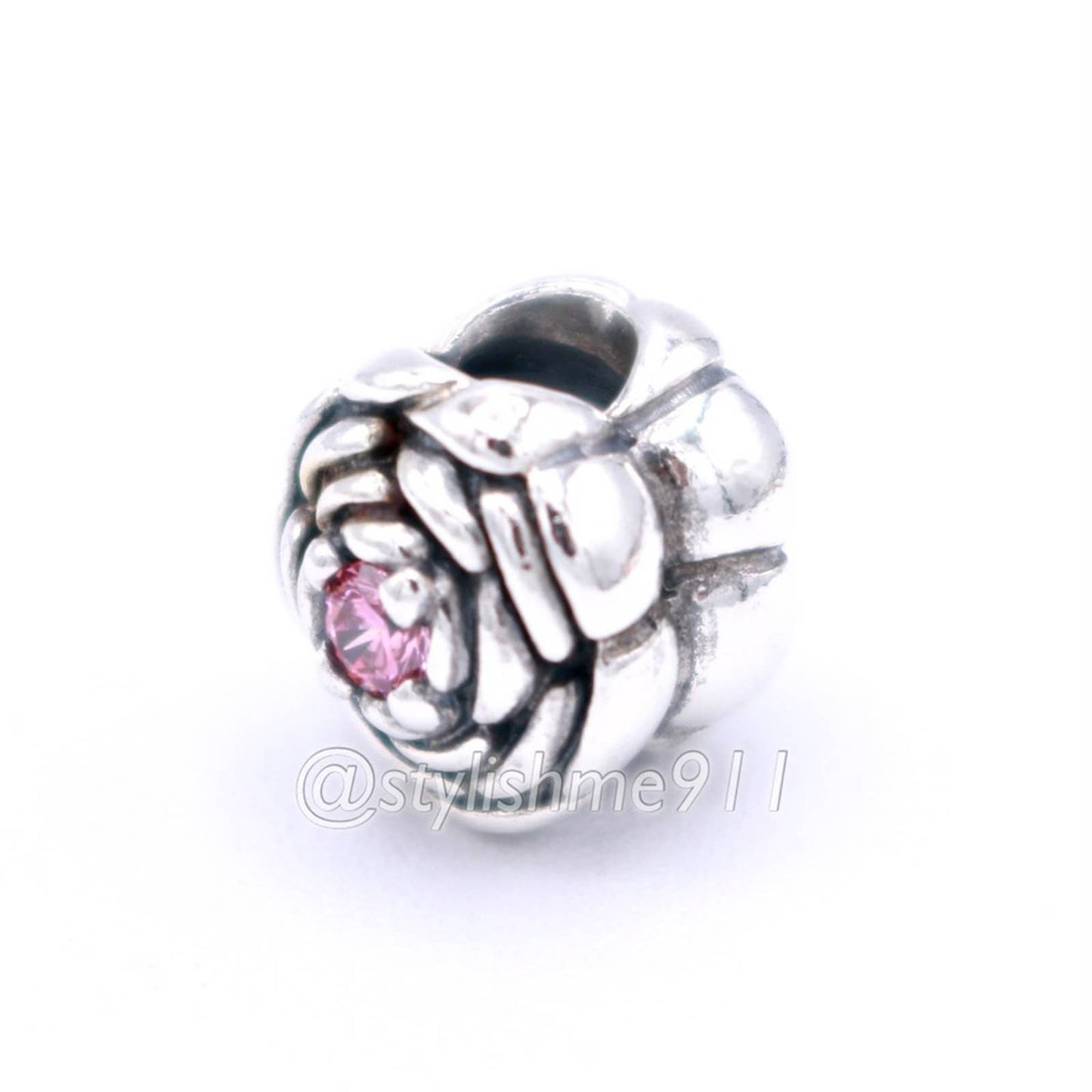 Authentic Pandora Blooming Rose Charm with Salmon Pink Zirconia