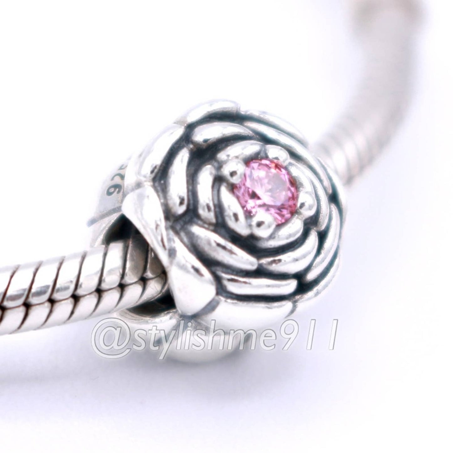 Authentic Pandora Blooming Rose Charm with Salmon Pink Zirconia